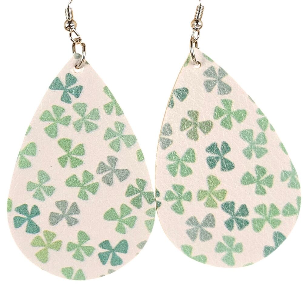 Shamrock Teardrop Dangle Earrings White Green St. Patrick’s Day Clover Jewelry